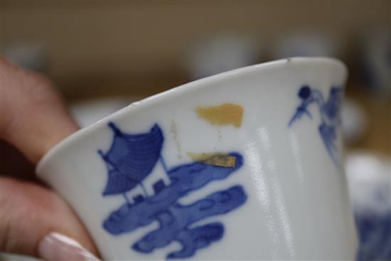 A set of six Chinese blue and white cups, three covers and four stands, 19th century